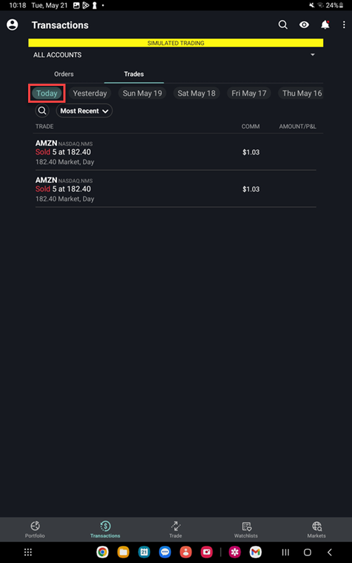 The transactions on the Android tablet